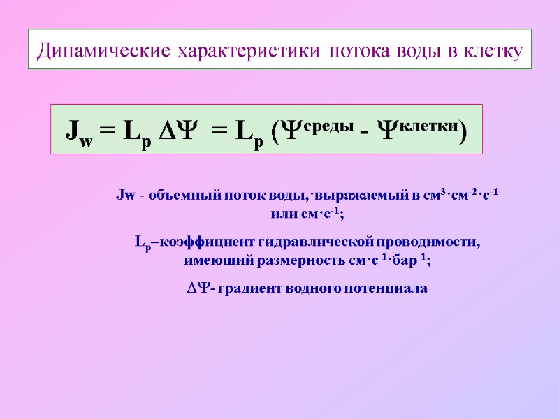 Динамические характеристики потока воды в клетку Jw = Lр   = Lр (среды